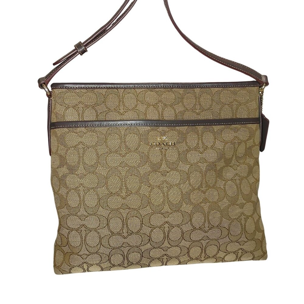 Coach Signature Print Crossbody Bag With Adjustable Strap In Tan/Brown Canvas &